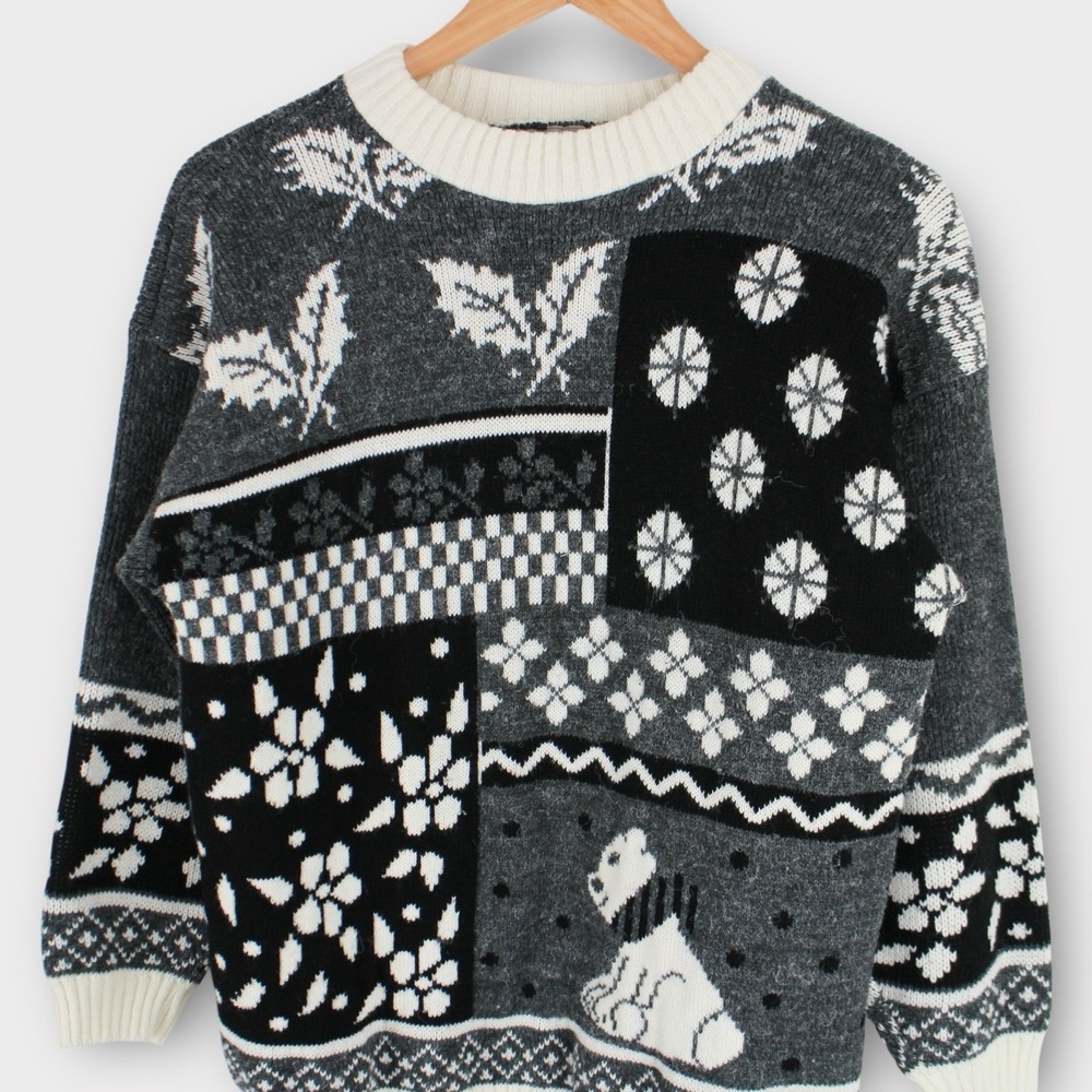 Vintage Private Eyes Nordic Sweater Women's Medium Gray Black White Polar Bear - Picture 2 of 4